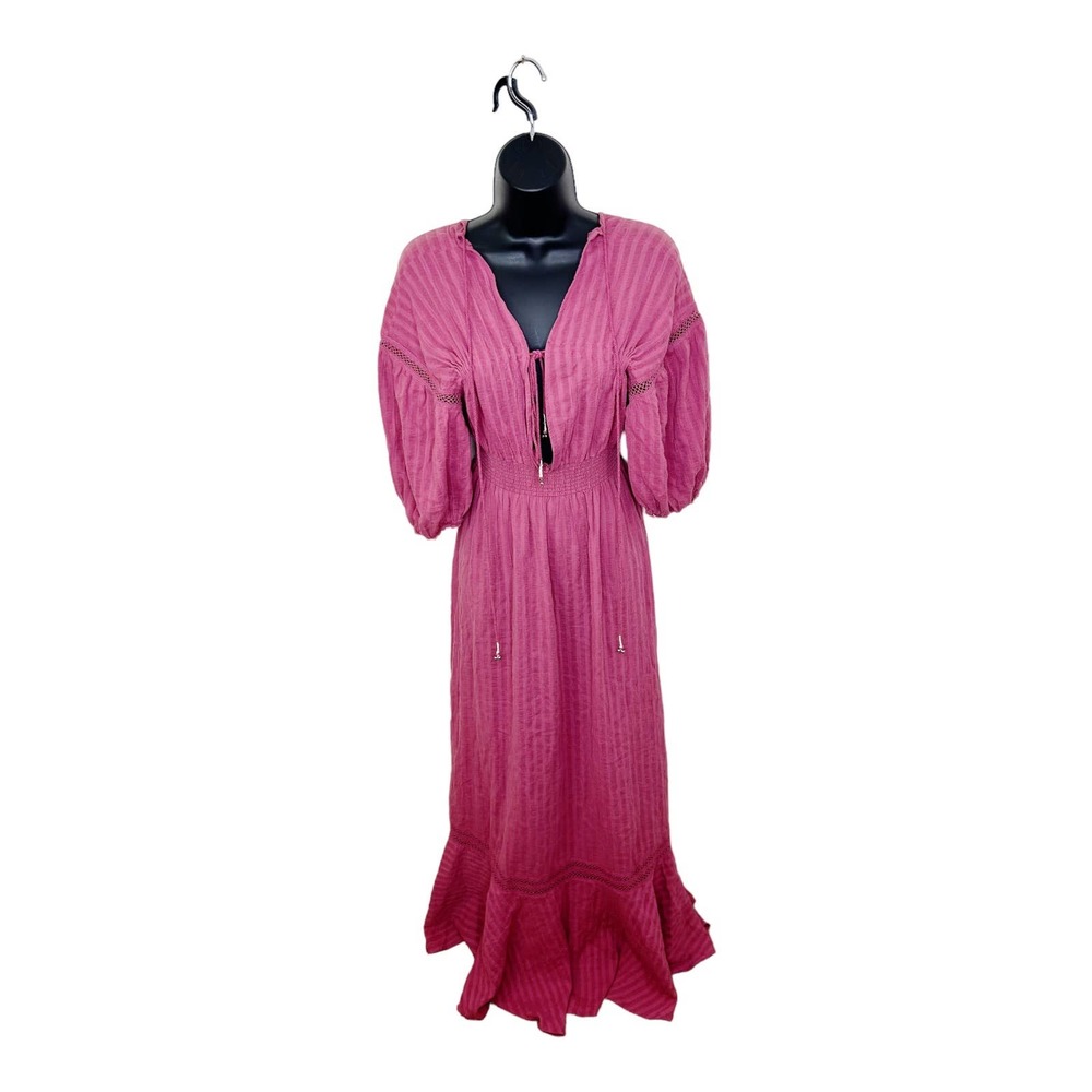 Free People Sexy Cotton Maxi Dress Plunge Neckline Crochet Trim Mauve XS